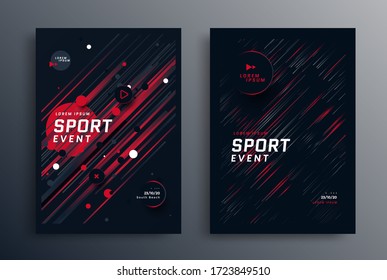 Sports event poster layout design template in black and red colors. Cover for Fitness center with gradient angled lines. Vector illustration