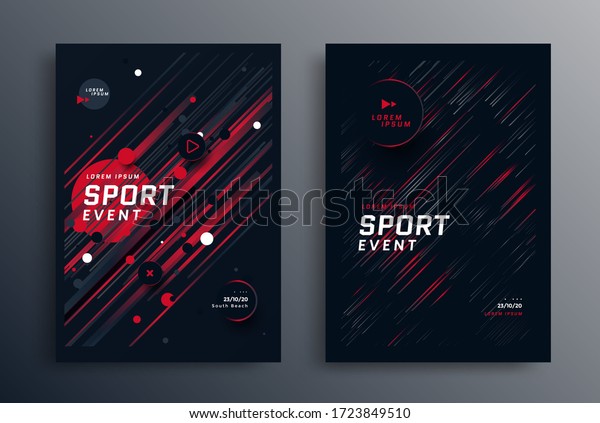 Sports event poster layout design template\
in black and red colors. Cover for Fitness center with gradient\
angled lines. Vector\
illustration