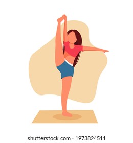 Sports exercise or indoor fitness training. A woman stretches yoga at home. Healthy lifestyle concept. Vector