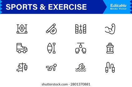Sports And Exercise Line Icon Set – Professional Minimal Modern Collection With Unique Editable Pixel Perfect Designs For Dynamic Fitness Activities And Athletic Themes