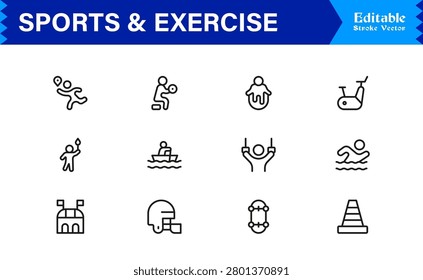 Sports And Exercise Line Icon Set – Professional Minimal Modern Collection With Unique Editable Pixel Perfect Designs For Dynamic Fitness Activities And Athletic Themes