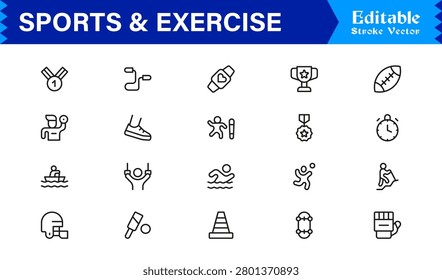 Sports And Exercise Line Icon Set – Professional Minimal Modern Collection With Unique Editable Pixel Perfect Designs For Dynamic Fitness Activities And Athletic Themes