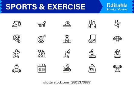 Sports And Exercise Line Icon Set – Professional Minimal Modern Collection With Unique Editable Pixel Perfect Designs For Dynamic Fitness Activities And Athletic Themes
