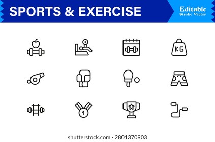 Sports And Exercise Line Icon Set – Professional Minimal Modern Collection With Unique Editable Pixel Perfect Designs For Dynamic Fitness Activities And Athletic Themes