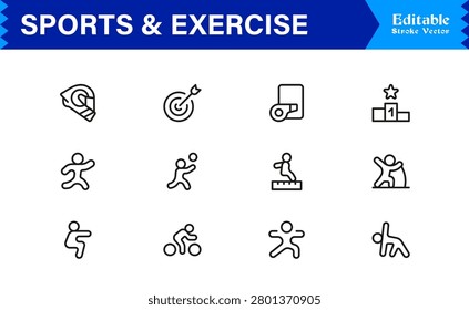 Sports And Exercise Line Icon Set – Professional Minimal Modern Collection With Unique Editable Pixel Perfect Designs For Dynamic Fitness Activities And Athletic Themes