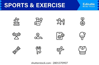 Sports And Exercise Line Icon Set – Professional Minimal Modern Collection With Unique Editable Pixel Perfect Designs For Dynamic Fitness Activities And Athletic Themes