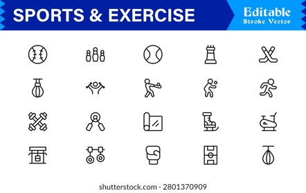 Sports And Exercise Line Icon Set – Professional Minimal Modern Collection With Unique Editable Pixel Perfect Designs For Dynamic Fitness Activities And Athletic Themes