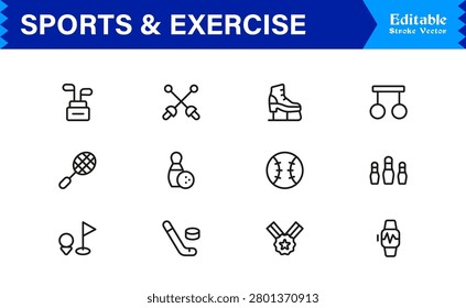 Sports And Exercise Line Icon Set – Professional Minimal Modern Collection With Unique Editable Pixel Perfect Designs For Dynamic Fitness Activities And Athletic Themes