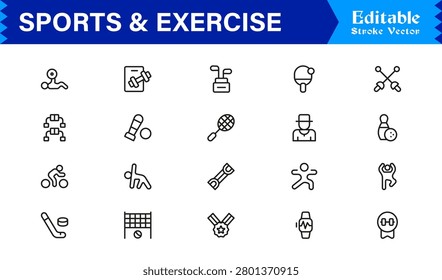 Sports And Exercise Line Icon Set – Professional Minimal Modern Collection With Unique Editable Pixel Perfect Designs For Dynamic Fitness Activities And Athletic Themes