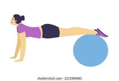 Sports and exercises for strengthening body and muscles of belly. Isolated woman on fitness ball holding plank. Girl doing sports and training, keeping fit and losing weight. Vector in flat style