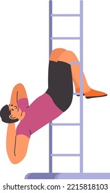 Sports exercises and training, isolated male character doing crunches on ladder. Man working out and doing sportive tasks. Strengthening body and building muscles on belly. Vector in flat style