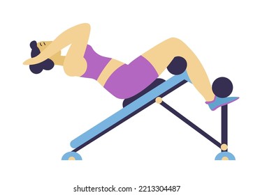 Sports exercises and training, isolated woman in gym working out, doing crunches and strengthening muscles on belly. Female personage losing weight and keeping fit, healthy lifestyle. Vector in flat 