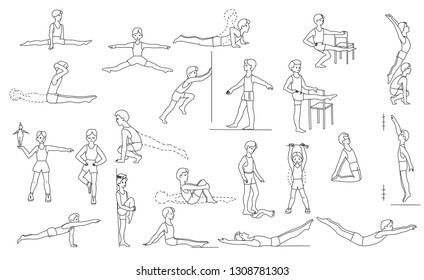 sports exercises vector, flexibility, agility, endurance, speed, strength. 