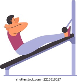 Sports exercises and working out, isolated male characters doing crunches laying on wooden plank. Man growing muscles and strengthening body, training belly burning fat. Vector in flat style