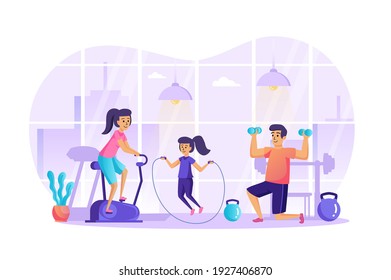 Sports family doing fitness in gym scene. Mom is on stationary bike, dad weightlifting, daughter is jumping rope. Healthy lifestyle concept. Vector illustration of people characters in flat design