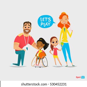 Sports family. Handicapped girl in a wheelchair playing ball and have fun with her friend. Coaching young sportsmen's. Medical rehabilitation. Vector Illustration.