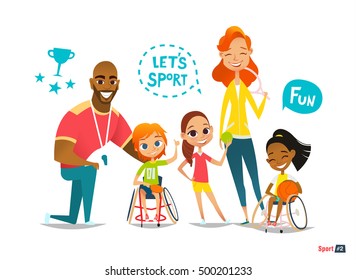 Sports Family. Handicapped Kids In Wheelchairs Playing Ball And Have Fun With Their Friend. Coaching  Young Sportsmen's. Medical Rehabilitation. Vector Illustration.