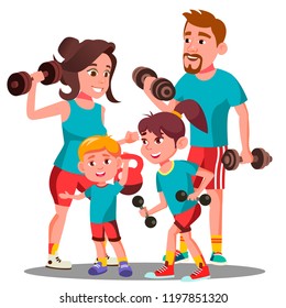 Sports Family, Parents And Children Doing Sports Outdoor Vector. Isolated Illustration
