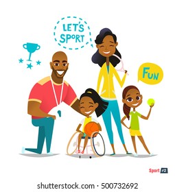 Sports family portrait. Handicapped Kid in wheelchairs playing ball and have fun. Coaching young sportsmen's. Medical rehabilitation concept. Vector Illustration.