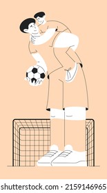 Familia deportiva con ilustración vectorial de baloncesto de fútbol. Mi padre pone a su hijo en la espalda. Hermanos entrenando para jugar fútbol. Plantilla aislada con portón de estilo plano con contorno, arte de línea, mínimo. Futbolistas.