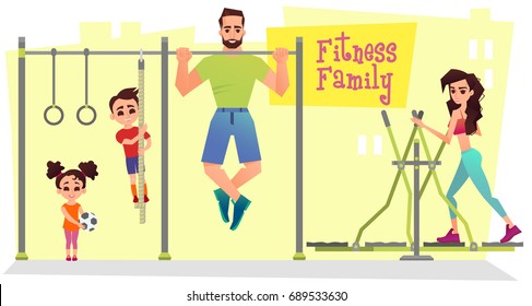 A sports family training on a walk. The outdoor fitness.  Dad doing pull up exercise, mom is training  on athletic gym equipment. Daughter with the ball, the son climbed on the rope