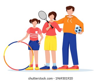 Sports family. Woman with a tennis racket and man with a soccer ball and girl with hoop.