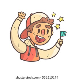Sports Fan Boy In Cap And College Jacket Hand Drawn Emoji Cool Outlined Portrait
