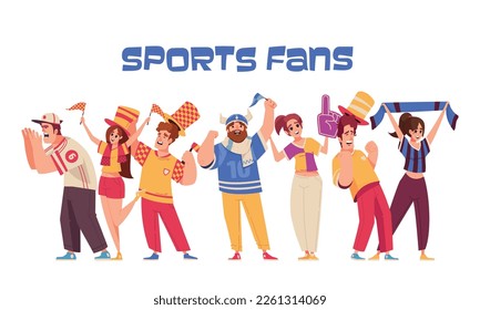 Sports fan cartoon icons set with happy people celebrating team victory isolated vector illustration