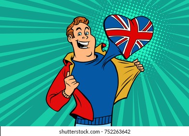 sports fan loves UK. Heart with flag of the country. Comic cartoon style pop art illustration vector retro