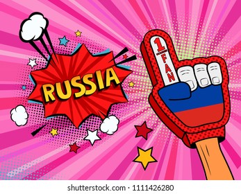 Sports fan male hand in glove raised up celebrating win of Russia country flag. Russia speech bubble with stars and clouds. Vector colorful fan illustration in retro pink comic style background