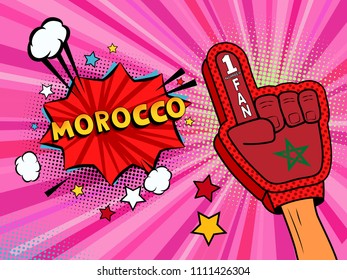 Sports fan male hand in glove raised up celebrating win of Morocco country flag. Morocco speech bubble with stars and clouds. Vector colorful fan illustration in retro pink comic style background