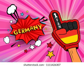 Sports fan male hand in glove raised up celebrating win of Germany country flag. Germany speech bubble with stars and clouds. Vector colorful fan illustration in retro pink comic style background