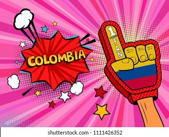 Sports fan male hand in glove raised up celebrating win of Colombia country flag. Colombia speech bubble with stars and clouds. Vector colorful fan illustration in retro pink comic style background