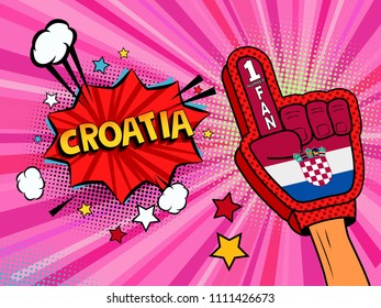 Sports fan male hand in glove raised up celebrating win of Croatia country flag. Croatia speech bubble with stars and clouds. Vector colorful fan illustration in retro pink comic style background