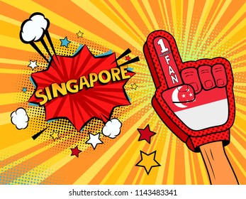 Sports fan male hand in glove raised up celebrating win of Singapore speech bubble with stars and clouds.  colorful pop art style fan illustration on white background on white background