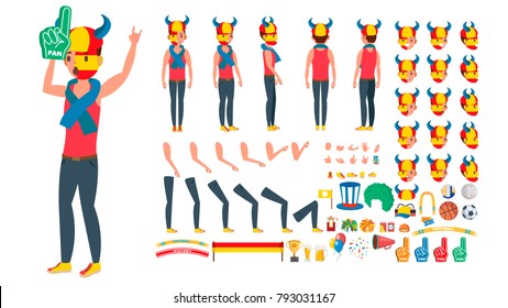 Sports Fan Vector. Animated Character Creation Set. Man National Team Supporter. Full Length, Front, Side, Back View, Accessories, Poses, Face Emotions, Gestures. Isolated Flat Cartoon Illustration
