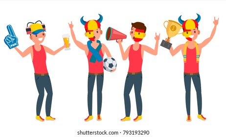 Sports Fan Vector. Outfits Shouting. Cheering At The Stadium. Different Poses. Isolated Flat Cartoon Character Illustration