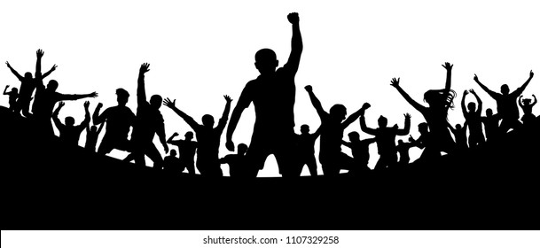 Sports fans audience. Soccer goal stadium. Cheerful people crowd applauding, silhouette. Party, applause. Dance concert disco