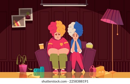 Sports fans cartoon composition with sad couple sitting on couch vector illustration