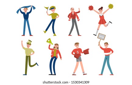 Sports Fans Characters Supporting Teams With Equipment Vector Illustration Set Isolated On White Background