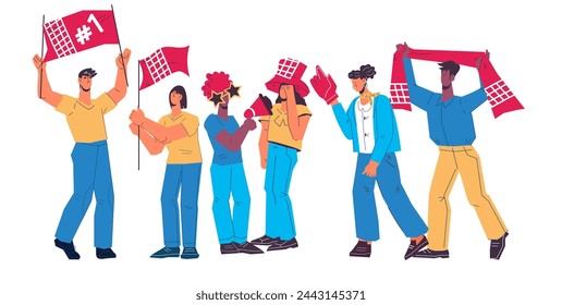 Sports fans cheer, celebrate, and support their teams in football games and championship, flat vector illustration isolated on white background. Cheerful supporters celebrate their team victory.