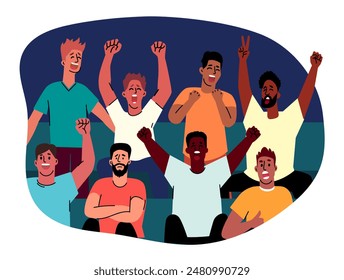 Sports fans cheer for their favorite team in the stands at the stadium. Group of men rejoicing in the stands. Men with raised hands support football team. Winning moment. Cheering crowd