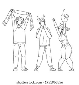 Sports Fans Cheering And Shouting Together Black Line Pencil Drawing Vector. Young Men And Woman Sports Fans With Sportive Attributes Scarf, Hat And Hand Cheer Team. Sporting Event Illustration