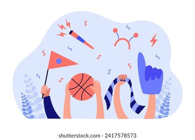 Sports fans cheering vector illustration. Fans hands with basketball, scarf, flag, foam finger. Cheering fan gears, sports fan concept