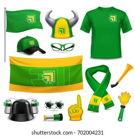 Sports fans supporters 3d realistic mockup accessories collection in green yellow with hands point finger vector illustration 