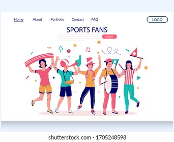 Plantilla de sitio web vectorial de los aficionados deportivos, diseño de página de inicio para el desarrollo de sitios web y móviles. Felices hinchas de fútbol vitoreando por su equipo deportivo favorito o celebrando la victoria.