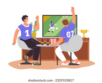 Sportfans, die Fußballspiele beobachten, die Lieblingsmannschaft unterstützen, scouten und lachen. Menschen, die zu Hause oder an der Bar Bier oder alkoholische Getränke trinken und sich den Bildschirm an der Wand anschauen. Vektorgrafik im Flachstil