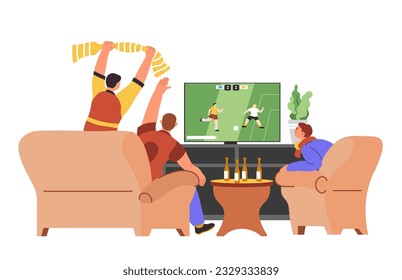 Sports fans watching football game enjoying favorite team holding scarves with symbols of club. Men at home or bar with beers and alcoholic beverages, weekend entertainment. Vector in flat style