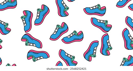 Sports fashionable sneakers. Comfortable, beautiful shoes with laces for sports. seamless pattern, wallpaper, textile, print isolated on white background. Hand drawn vector illustration.