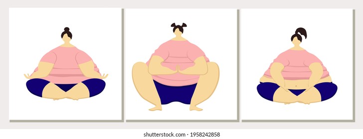 Sports for fat people. Obesity. Overweight problems. Three fat characters in yoga poses. Asanas. Healthy lifestyle. Vector illustration